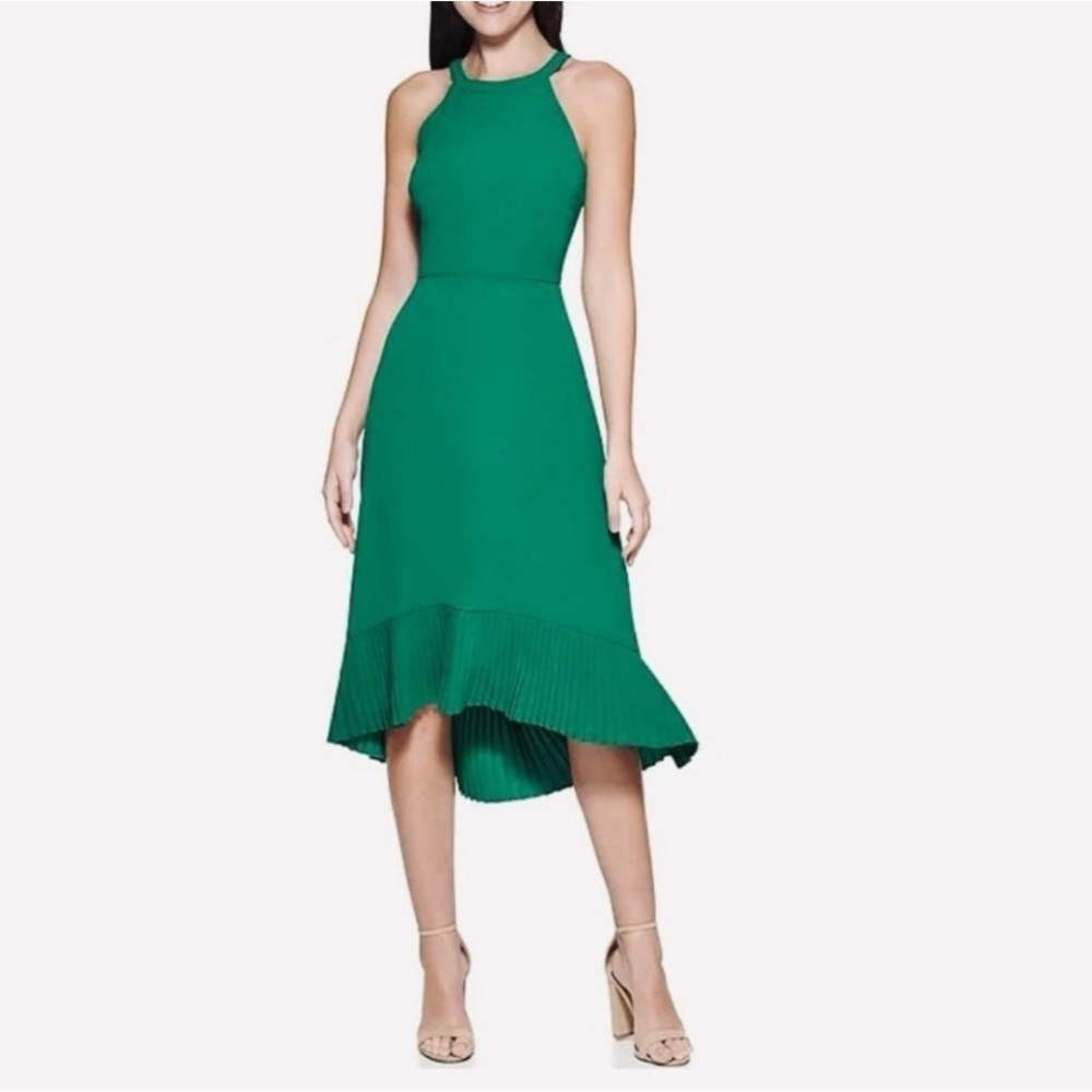 GREEN NWT Halter Neck Pleated High Low Hem Sleeveless Midi Dress Size 4